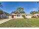 Charming single-story home with a well-manicured lawn, a red front door, and a lovely palm tree in the front yard at 1009 Perkins St, Leesburg, FL 34748