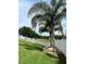 Well-manicured backyard with palm trees, white fence, and stone fire pit at 1952 Dunn Cove Dr, Apopka, FL 32703