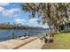 River view with wood pier, benches, and lush green lawn for relaxing outdoors at 1989 Marsh Hen Vlg, Deland, FL 32720