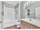 Clean bathroom with light wood vanity and a shower/tub combo at 6621 Bouganvillea Crescent Dr, Orlando, FL 32809