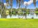 Lush backyard leading to a tranquil lake view, complete with wildlife and distant homes at 119 Lake Dr, Oviedo, FL 32765