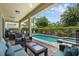 Covered outdoor patio with comfortable seating and a view of a private pool and spa at 471 Lasso Dr, Kissimmee, FL 34747