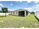 Spacious backyard featuring a screened-in patio and a pristine white fence, perfect for outdoor entertaining at 236 Barrington Dr, Haines City, FL 33844