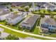 Aerial view of a single-story blue home surrounded by lush green lawns and other neighborhood homes at 15542 Sunquat Dr, Winter Garden, FL 34787