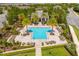 Aerial view of the community pool area with palm trees, ample seating, and lush landscaping at 15542 Sunquat Dr, Winter Garden, FL 34787