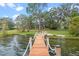 Long wood dock with rope railings leads from lake into wooded backyard with well-maintained lawn at 1003 Oakdale St, Windermere, FL 34786