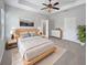 Serene main bedroom featuring a tray ceiling, ceiling fan, a walk-in closet, and an ensuite bathroom at 1106 Presidential Ln, Apopka, FL 32703