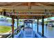Covered boat lift with boat, offering direct access to the waterfront at 136 Reef Rd, South Daytona, FL 32119