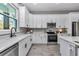 Bright kitchen featuring stainless steel appliances, white cabinets, and a view from the window at 8827 Sw 137Th Ct, Dunnellon, FL 34432