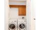 Convenient laundry room featuring a stacked washer and dryer and ample storage space in wooden cabinets at 1392 Indiana Ave, Winter Park, FL 32789