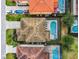 Overhead view of residential properties showcasing roofs, driveways, and private pools in a planned community at 5303 Wildwood Way, Davenport, FL 33837