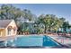 Community pool with ample seating, landscaping, and nearby buildings with mature trees providing shade and curb appeal at 2053 Dixie Belle Dr # 2053C, Orlando, FL 32812