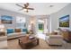 Living room featuring a ceiling fan, neutral color scheme, tile flooring, and sliding glass doors to backyard at 11313 Via Andiamo, Windermere, FL 34786