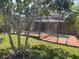 Landscaped backyard featuring a screened pool, spa, and lush greenery, framed by mature trees at 2355 Abalone Blvd, Orlando, FL 32833