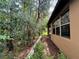 Side view of the backyard showcasing manicured landscaping and views of trees at 513 San Sebastian Ct, Davenport, FL 33837
