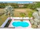 Aerial view of the backyard, with a pool, tall palm trees, grassy area, and new fencing at 24217 Adair Ave, Sorrento, FL 32776