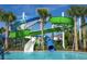 A shot of winding water slides emptying into a pool, set among lush palm trees at 4294 Lana Ave, Davenport, FL 33897