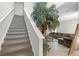 Carpeted staircase next to a decorative palm and a glimpse into the inviting living room at 1907 Lakeview Way, Kissimmee, FL 34759