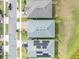 An aerial view shows rooftops in a well-planned community with some houses with solar panels at 7409 Wing Span Way, Harmony, FL 34773