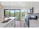 Modern kitchen with island, stainless steel appliances, and a balcony view at 66 W Harding St # B, Orlando, FL 32806