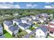 An aerial view showing houses in a suburban neighborhood with trees and the city skyline in the distance at 3929 Corrine Dr, Orlando, FL 32814