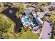 An aerial view showcases the community pool, playground, lush landscaping, and peaceful pond with fountain at 1219 Verdant Glade Pl, Winter Park, FL 32792