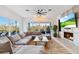 Cozy living room boasts a fireplace, large sectional, and seamless outdoor access at 6025 Lady Bet Dr, Orlando, FL 32819