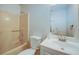 Clean bathroom with shower/tub combo, white vanity, and mirror at 637 Twin Lake Ave, Deltona, FL 32738