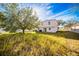 Home's backyard with overgrown grass and a large tree at 266 Vervain Ave, Davenport, FL 33837
