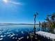 Picturesque lake view featuring a dock and serene water, framed by trees, under a bright sky at 10097 Leland Dr, Orlando, FL 32827