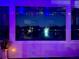 Enclosed patio with a view of a lit fountain at night and color holiday lights inside at 164 Pergola Pl, Ormond Beach, FL 32174