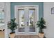 Front entry with double doors, plants, and wood-look tile floors at 3088 Parrot Head Pl, Kissimmee, FL 34747