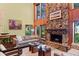 Living room with stone fireplace and large windows at 4390 Saxon Dr, New Smyrna Beach, FL 32169