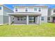 Backyard of a house that shows a covered porch, a sliding glass door entrance, a grassy yard, and an adjacent house at 2678 Great Heron Ave, St Cloud, FL 34773