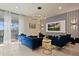 Bright living room with comfy blue sofas, a large TV, and modern lighting at 3083 Mahalo Dr, Davenport, FL 33897