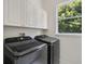 Well-lit laundry room featuring a side-by-side washer and dryer beneath white cabinets and a window at 408 Chelsea Ave, Davenport, FL 33837