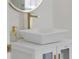 Close-up of a square-basin sink with modern gold faucet and a soap dispenser, atop a sleek white vanity at 408 Chelsea Ave, Davenport, FL 33837