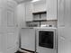 Functional laundry room includes white cabinets, a shelf, and modern washer and dryer at 1074 Clifton Springs Ln, Winter Springs, FL 32708