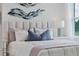 Bedroom with white bed and blue pillows at 3576 Fort Mellon Ln, Sanford, FL 32773