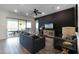 Living room with gray couches, large windows and access to patio at 8137 Surf St, Kissimmee, FL 34747
