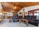 Spacious living room with high wood ceilings, a stone fireplace, and leather furniture at 628 Twin Oaks Cir, Daytona Beach, FL 32117