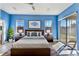 Inviting main bedroom with a blue accent wall, natural light, and a sliding glass door at 10812 Woodchase Cir, Orlando, FL 32836