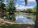 Peaceful pond view surrounded by lush trees and community buildings in the background at 6073 Windhover Dr # C04, Orlando, FL 32819