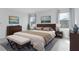 Bright main bedroom featuring a plush king bed, bedside tables, and an elegant gray area rug at 445 N Andrea Cir, Haines City, FL 33844