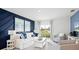 Living room with white couch and blue accent wall; view of backyard at 4823 Cranberry Way, Lakeland, FL 33811