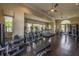 Community gym featuring cardio and weight machines, ceiling fans, and large windows with neighborhood views at 10824 Royal Cypress Way, Orlando, FL 32836