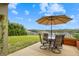 Relaxing outdoor patio features a dining set, umbrella, and serene lake view at 1416 Cabot Dr, Clermont, FL 34711