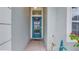 Blue front door entryway with a tiled pathway and landscaping at 654 Harbor Villa Ct, Clermont, FL 34711