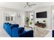 Spacious living room with comfy blue sofas and a large TV at 1555 Palmero Way, Davenport, FL 33896