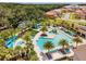 Aerial view of community pool and spa with surrounding lounge chairs and palm trees at 2501 Dharma Cir, Kissimmee, FL 34746